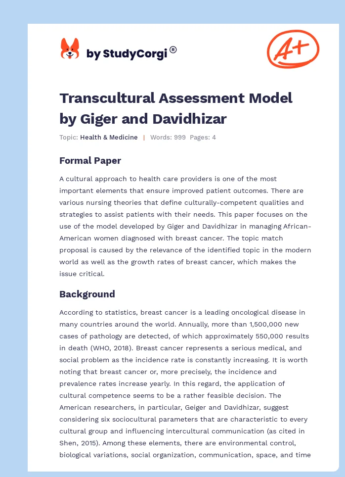 Transcultural Assessment Model by Giger and Davidhizar. Page 1