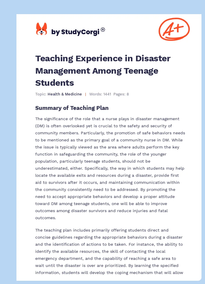 Teaching Experience in Disaster Management Among Teenage Students. Page 1