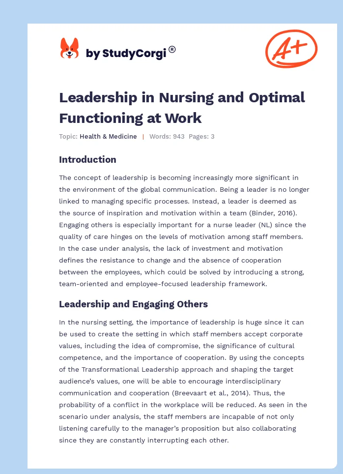 Leadership in Nursing and Optimal Functioning at Work. Page 1