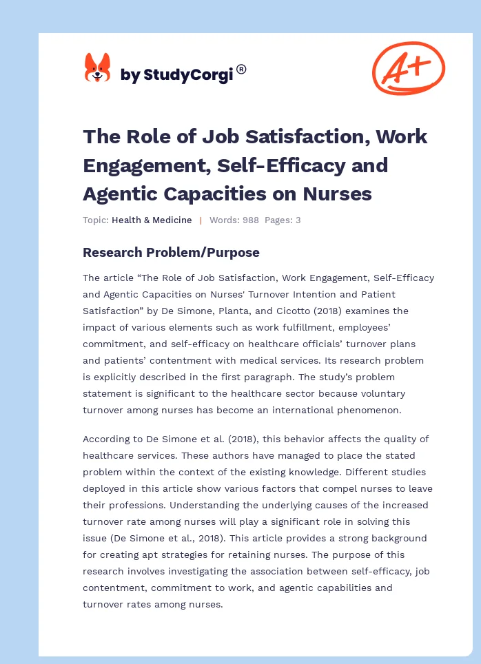 The Role of Job Satisfaction, Work Engagement, Self-Efficacy and Agentic Capacities on Nurses. Page 1