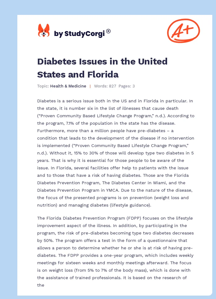 Diabetes Issues in the United States and Florida. Page 1