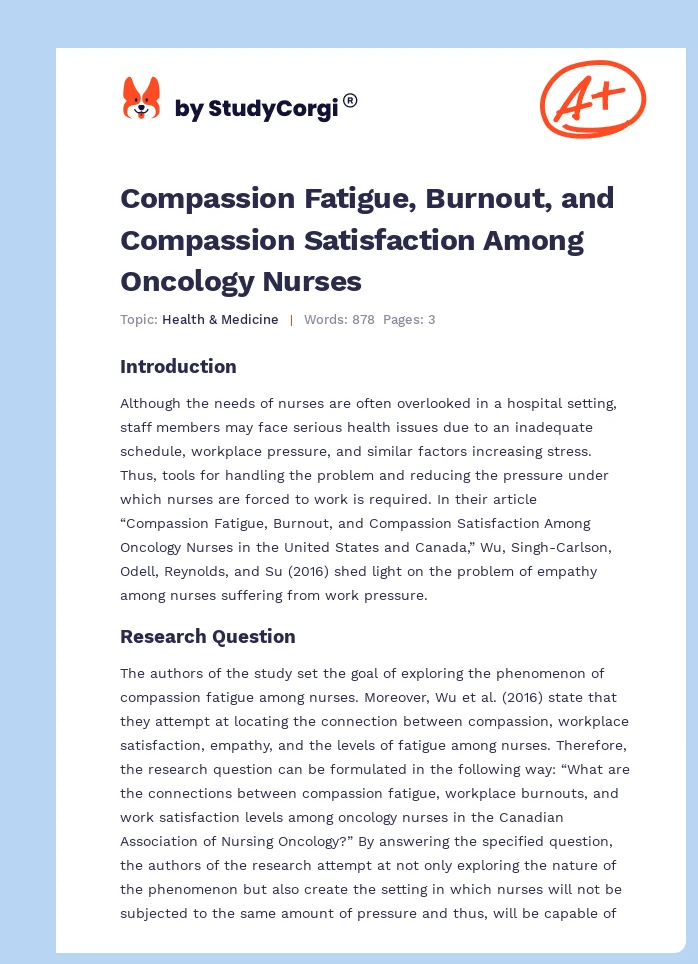 Compassion Fatigue, Burnout, and Compassion Satisfaction Among Oncology Nurses. Page 1