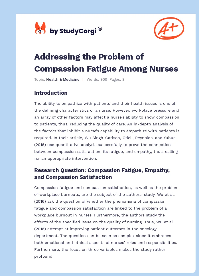 Addressing the Problem of Compassion Fatigue Among Nurses. Page 1