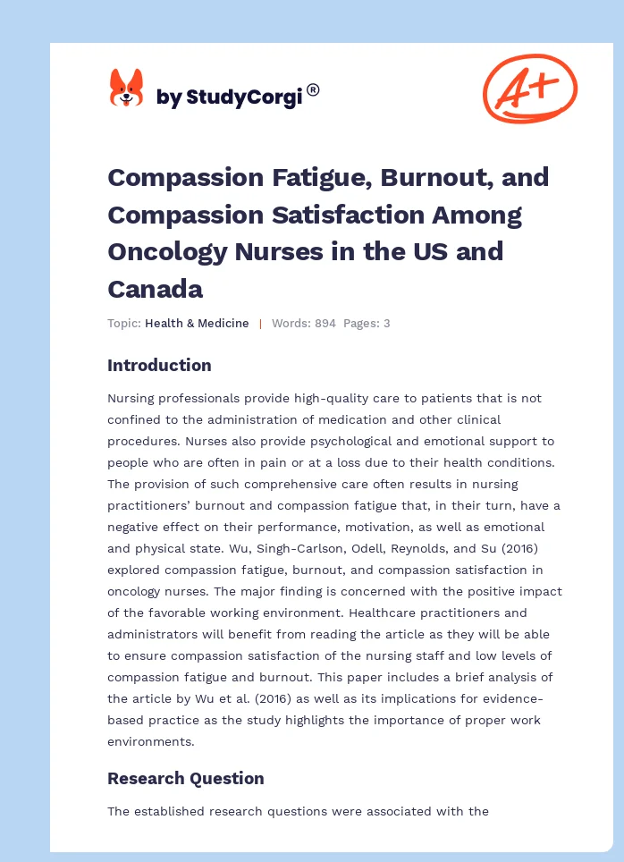 Compassion Fatigue, Burnout, and Compassion Satisfaction Among Oncology Nurses in the US and Canada. Page 1