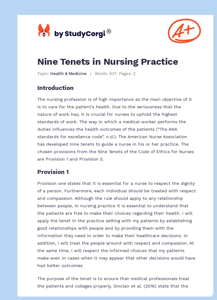 Nine Tenets in Nursing Practice. Page 1