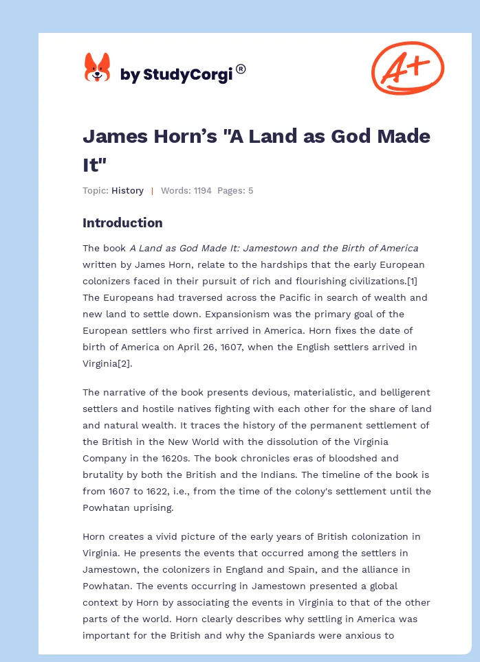 James Horn’s "A Land as God Made It". Page 1