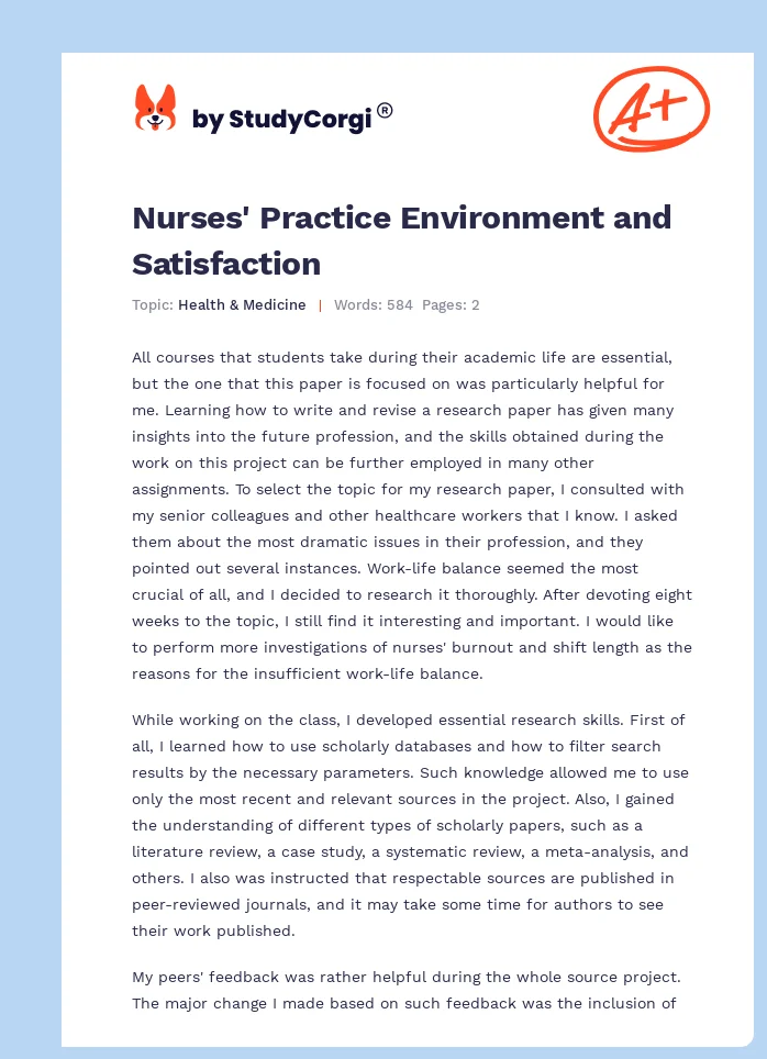 Nurses' Practice Environment and Satisfaction. Page 1