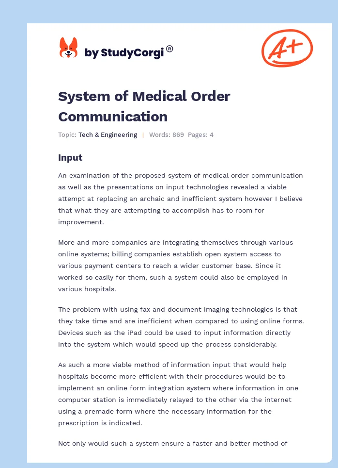 System of Medical Order Communication. Page 1