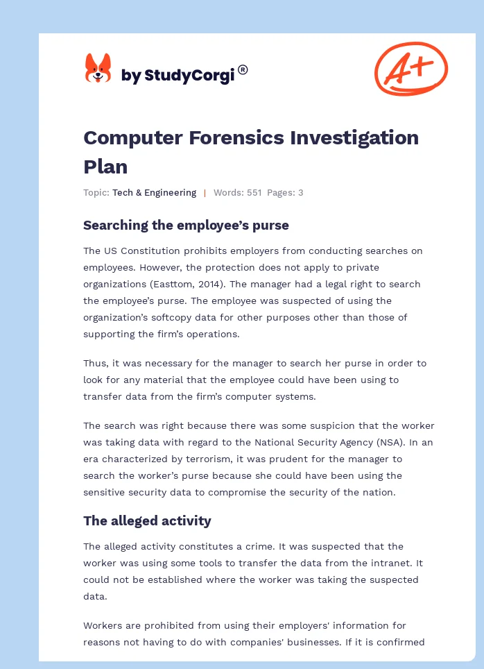 Computer Forensics Investigation Plan. Page 1