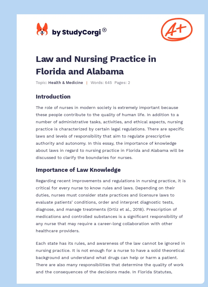Law and Nursing Practice in Florida and Alabama. Page 1