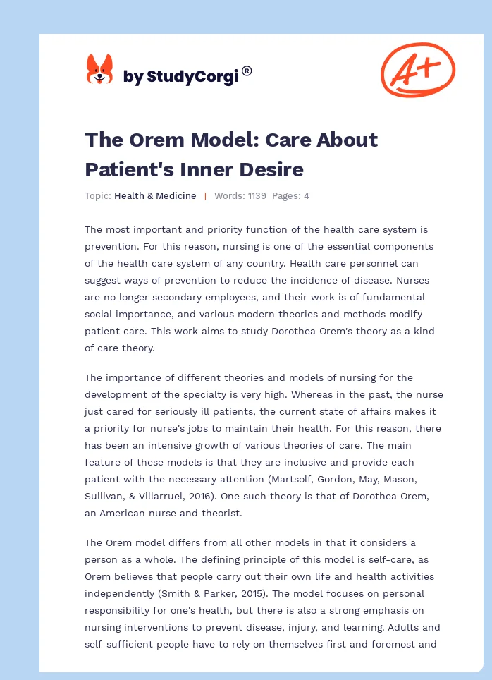 The Orem Model: Care About Patient's Inner Desire. Page 1