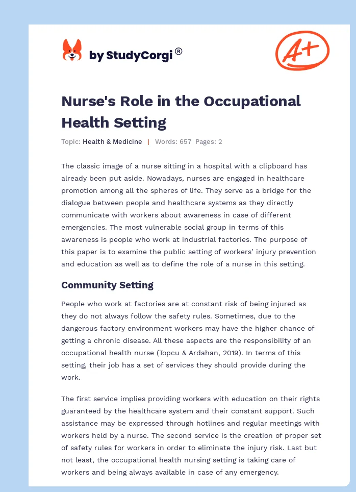 Nurse's Role in the Occupational Health Setting. Page 1