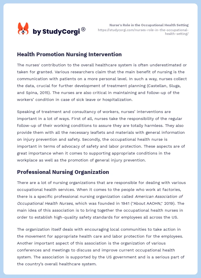 Nurse's Role in the Occupational Health Setting. Page 2