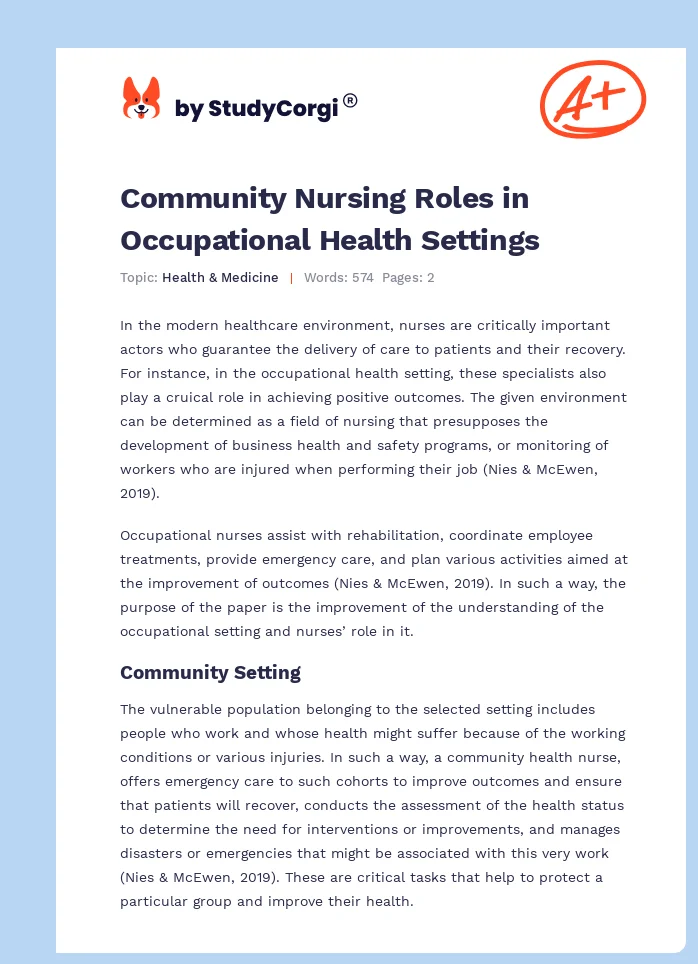 Community Nursing Roles in Occupational Health Settings. Page 1
