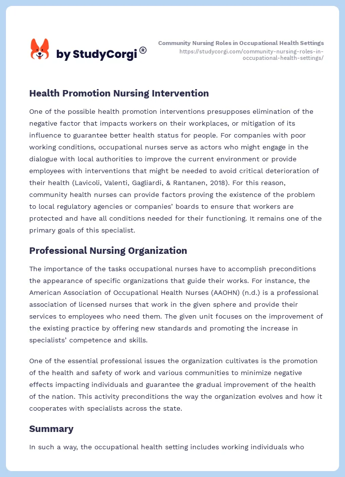 Community Nursing Roles in Occupational Health Settings. Page 2