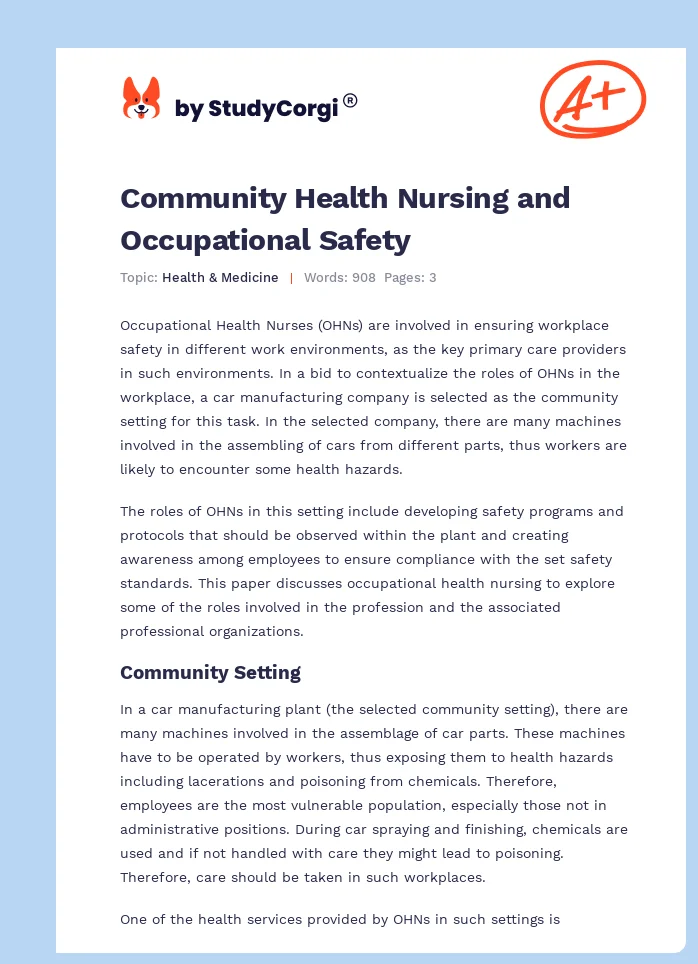 Community Health Nursing and Occupational Safety. Page 1
