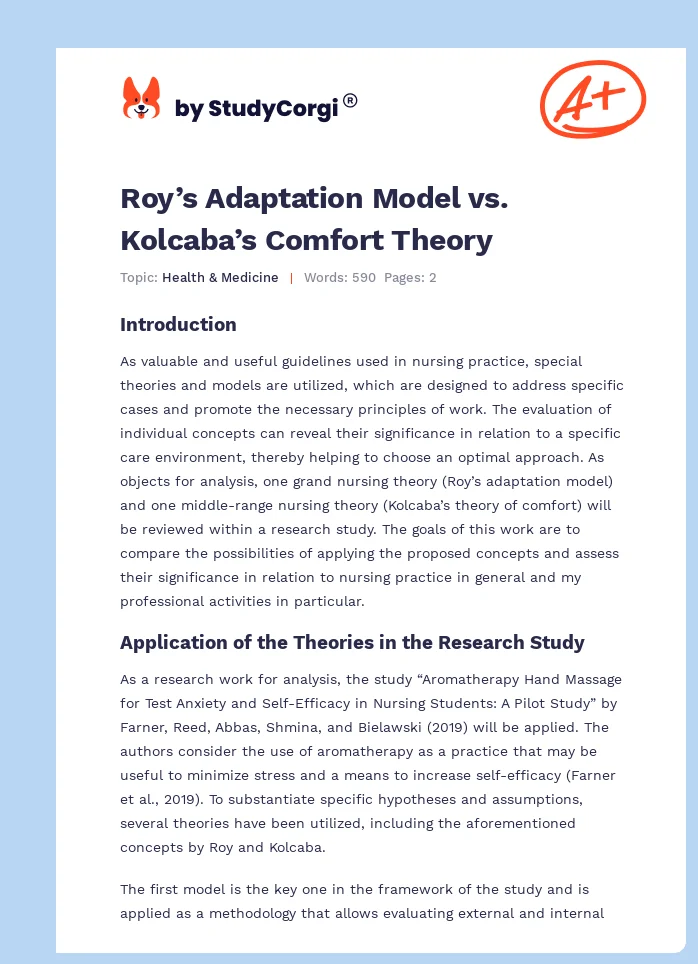 Roy’s Adaptation Model vs. Kolcaba’s Comfort Theory. Page 1