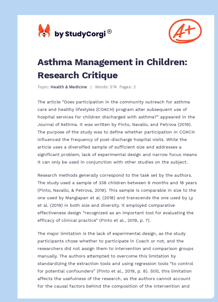 Asthma Management in Children: Research Critique. Page 1