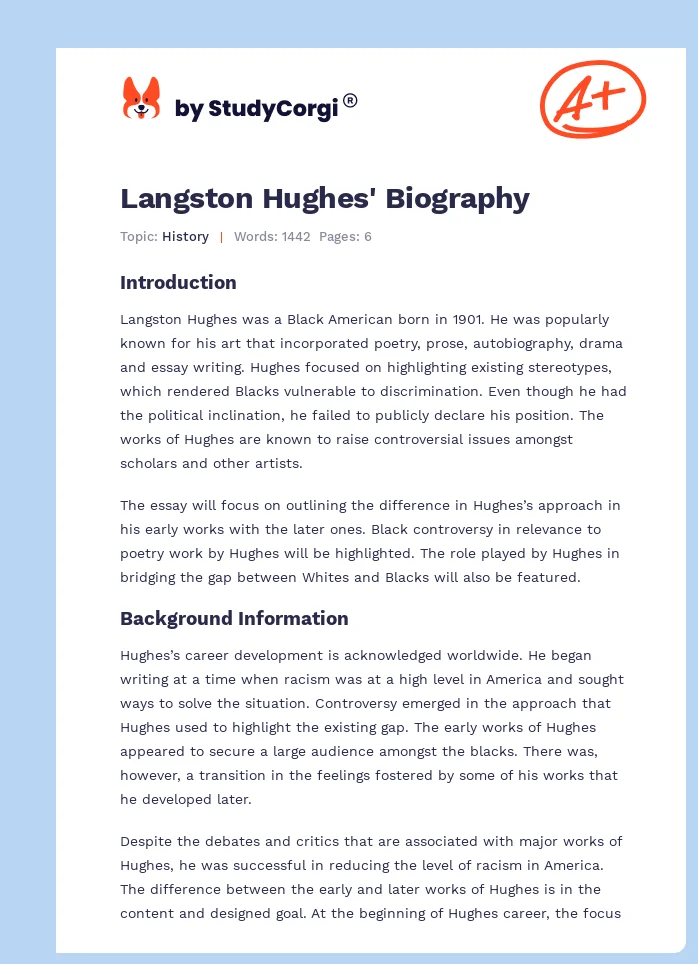 Langston Hughes' Biography. Page 1