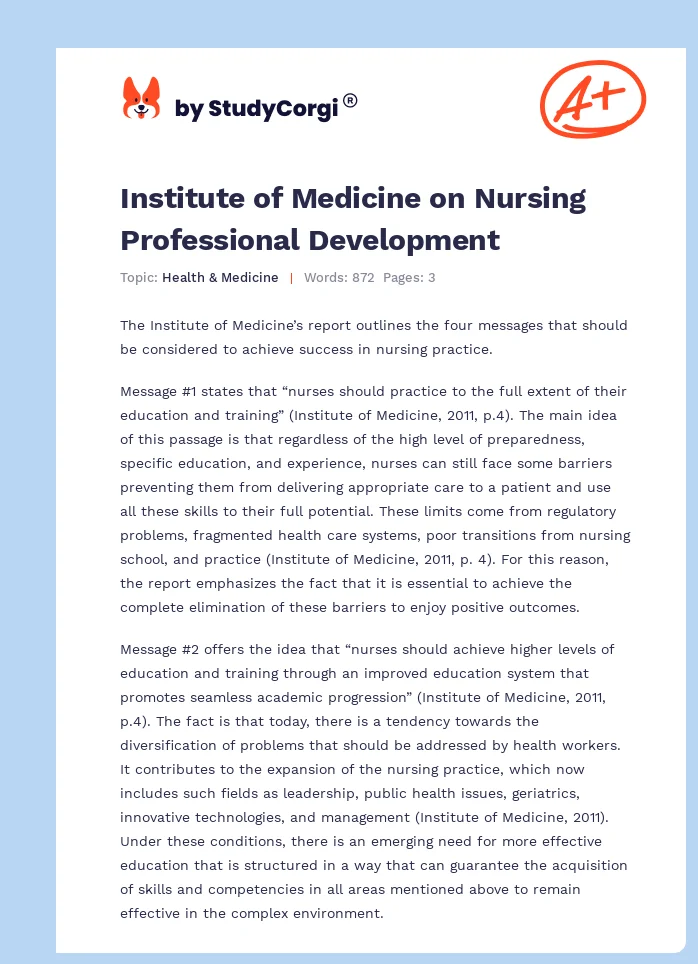Institute of Medicine on Nursing Professional Development. Page 1