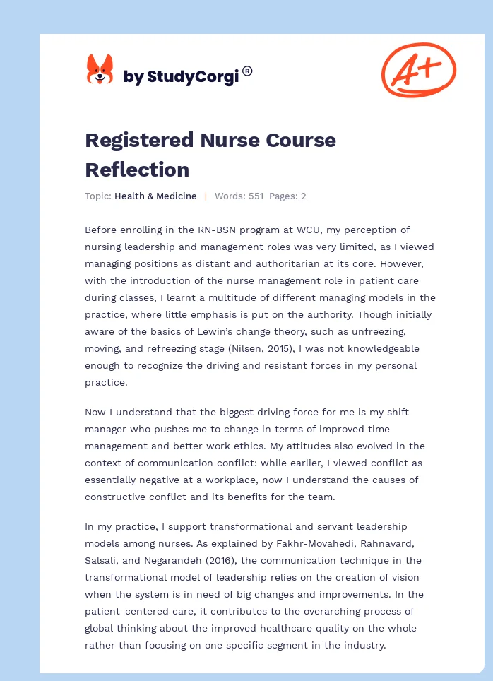Registered Nurse Course Reflection. Page 1