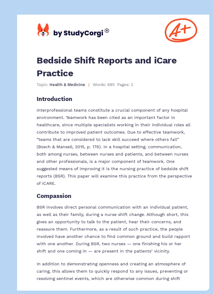 Bedside Shift Reports and iCare Practice. Page 1