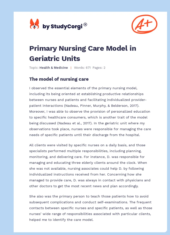 Primary Nursing Care Model in Geriatric Units. Page 1
