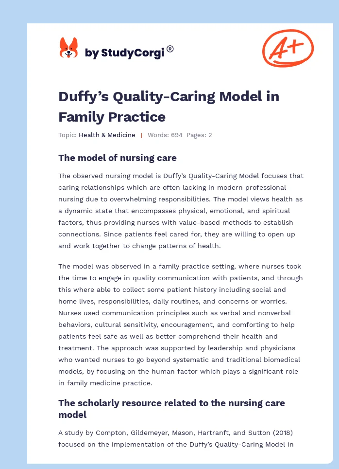 Duffy’s Quality-Caring Model in Family Practice. Page 1