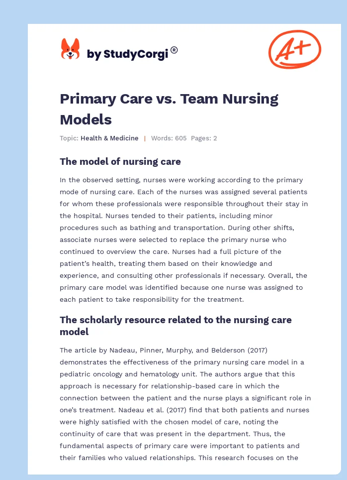 Primary Care vs. Team Nursing Models. Page 1