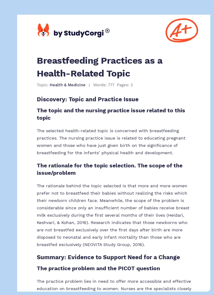 Breastfeeding Practices as a Health-Related Topic. Page 1