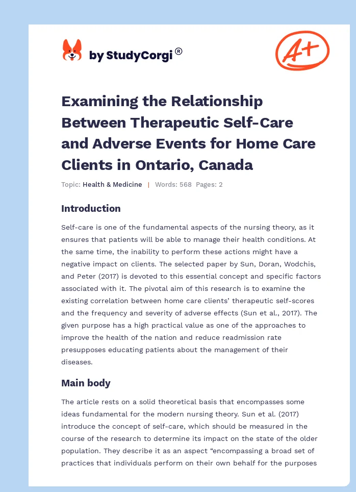 Examining the Relationship Between Therapeutic Self-Care and Adverse Events for Home Care Clients in Ontario, Canada. Page 1