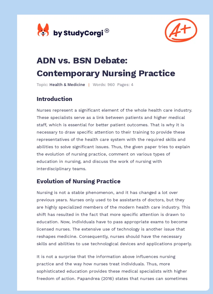 ADN vs. BSN Debate: Contemporary Nursing Practice. Page 1