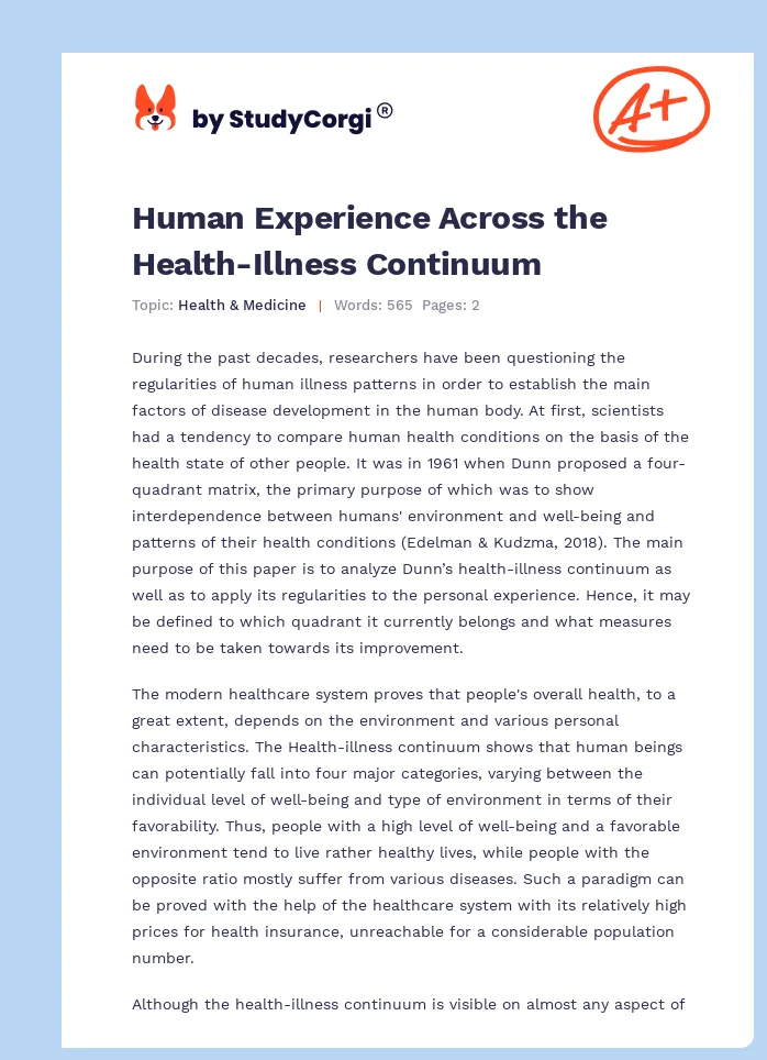 Human Experience Across the Health-Illness Continuum. Page 1