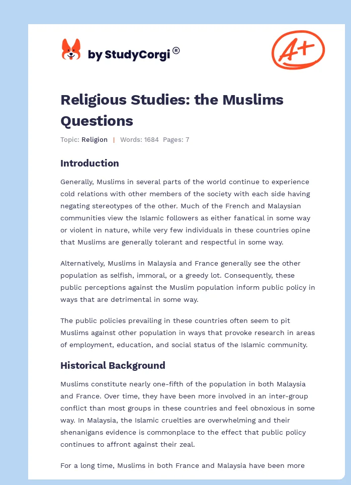 Religious Studies: the Muslims Questions. Page 1