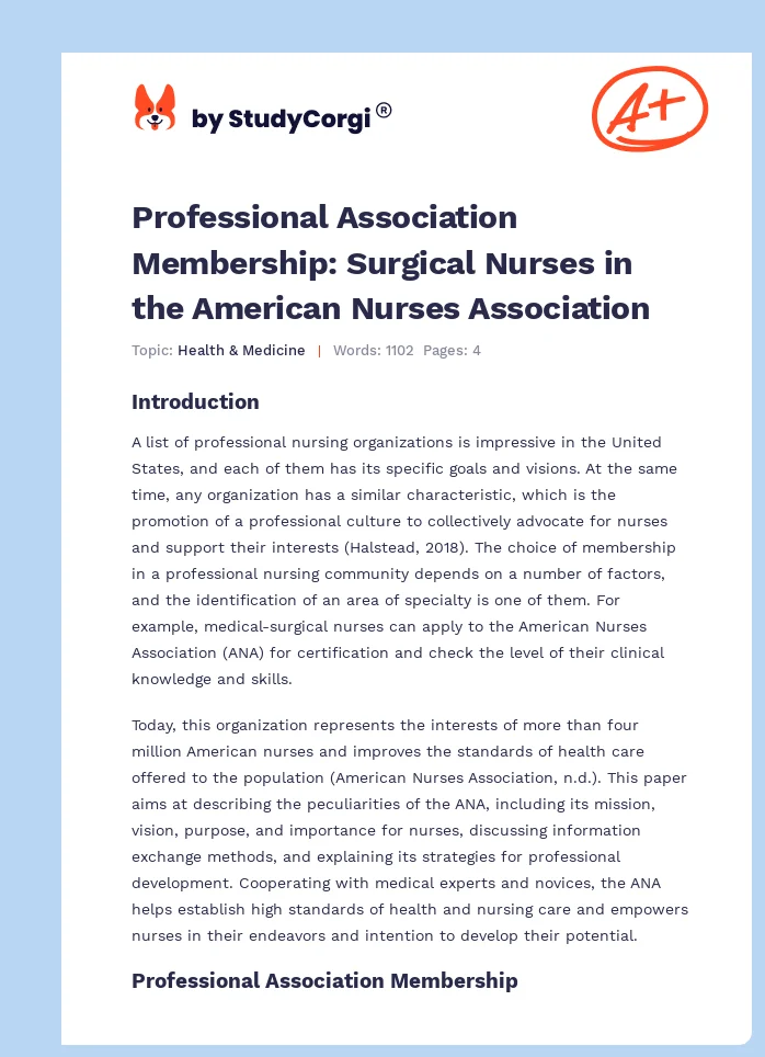 Professional Association Membership: Surgical Nurses in the American Nurses Association. Page 1