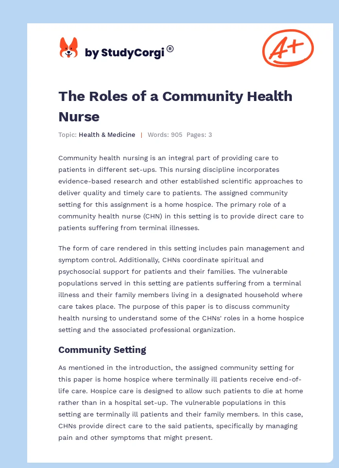 The Roles of a Community Health Nurse. Page 1