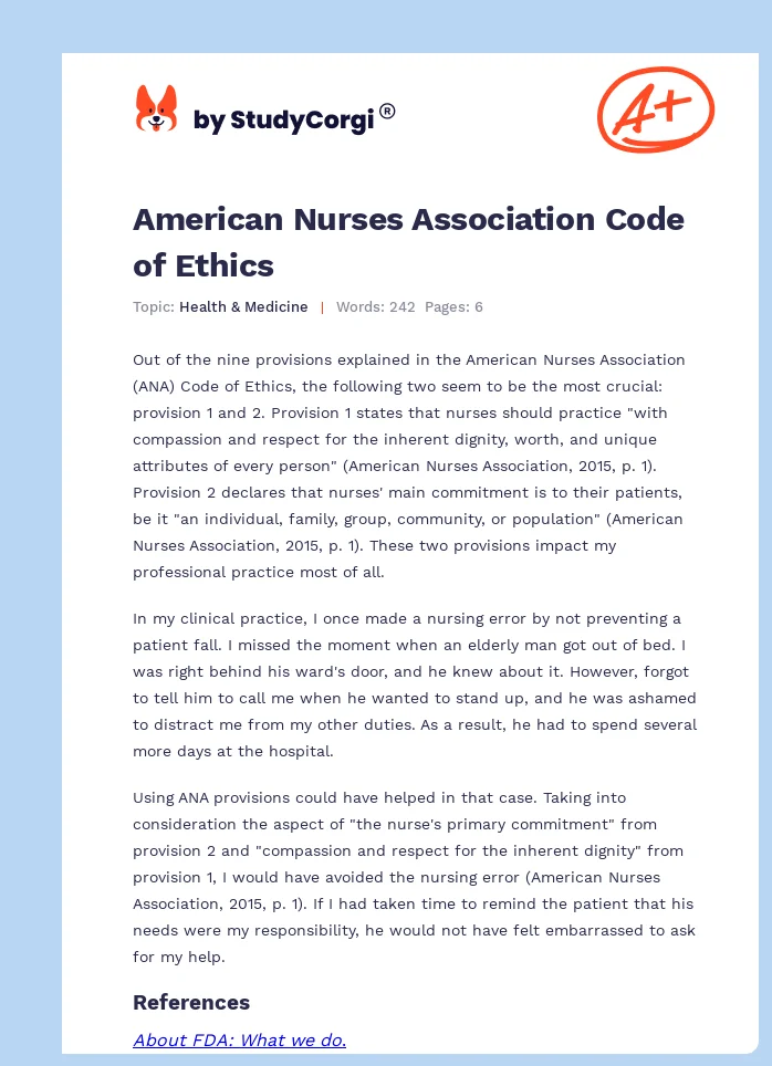 American Nurses Association Code of Ethics. Page 1