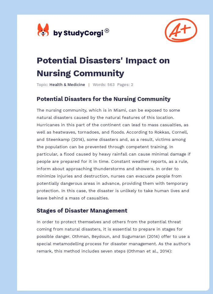 Potential Disasters' Impact on Nursing Community. Page 1