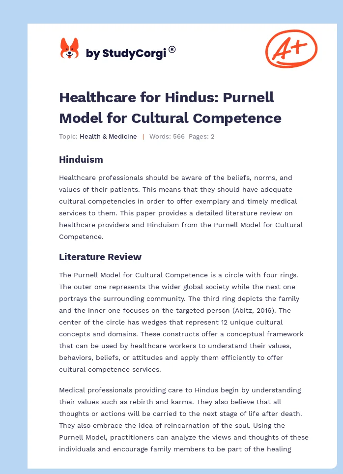 Healthcare for Hindus: Purnell Model for Cultural Competence. Page 1