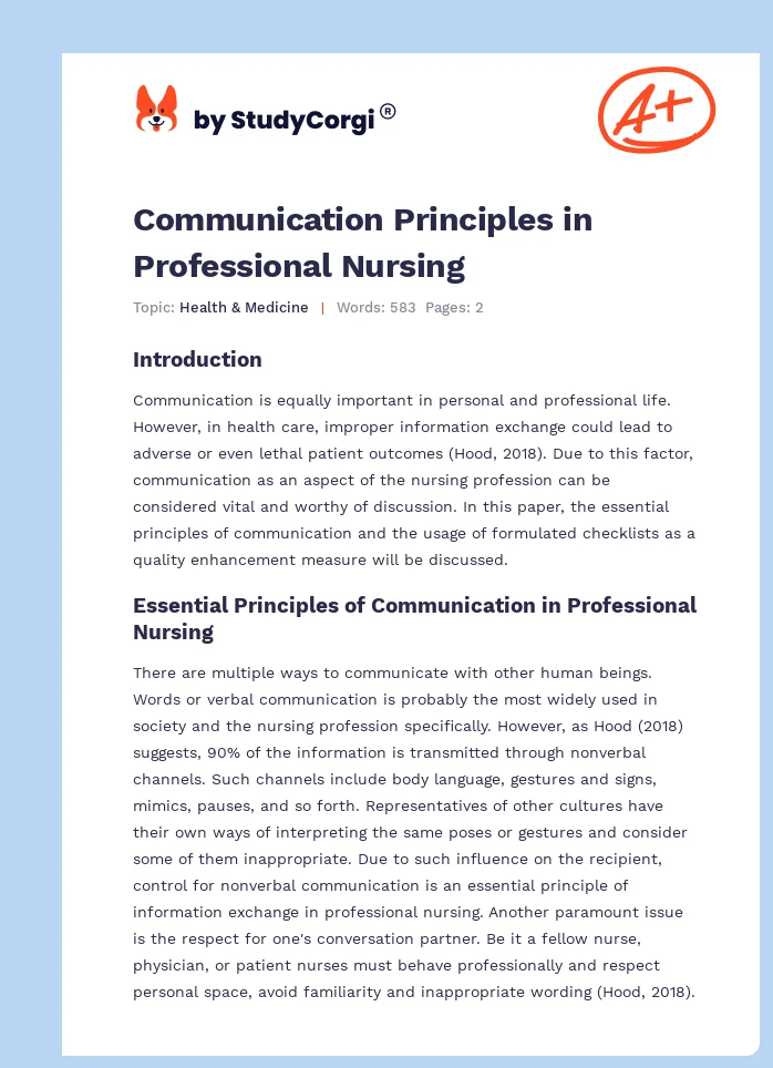 Communication Principles in Professional Nursing. Page 1
