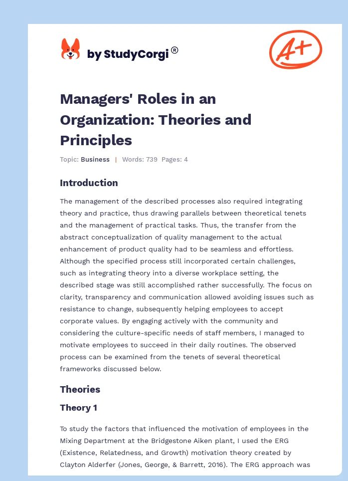 Managers' Roles in an Organization: Theories and Principles. Page 1