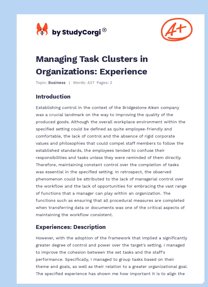 Managing Task Clusters in Organizations: Experience. Page 1