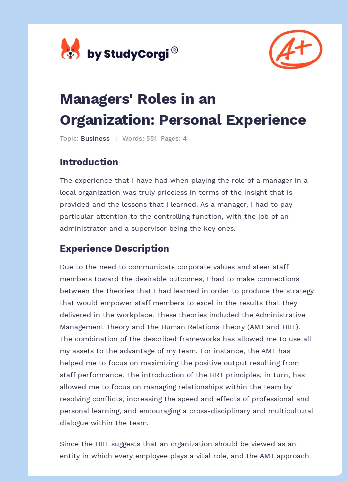 Managers' Roles in an Organization: Personal Experience. Page 1