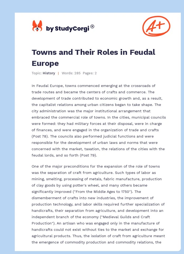 Towns and Their Roles in Feudal Europe. Page 1