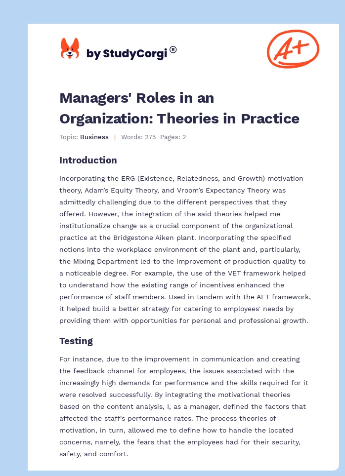 Managers' Roles in an Organization: Theories in Practice. Page 1