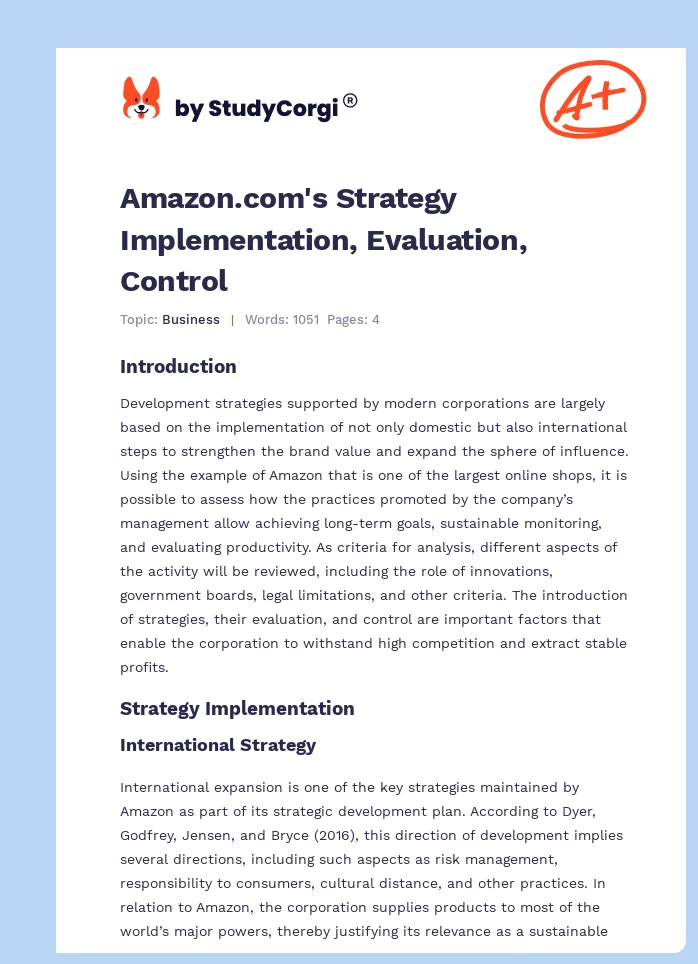 Amazon.com's Strategy Implementation, Evaluation, Control. Page 1