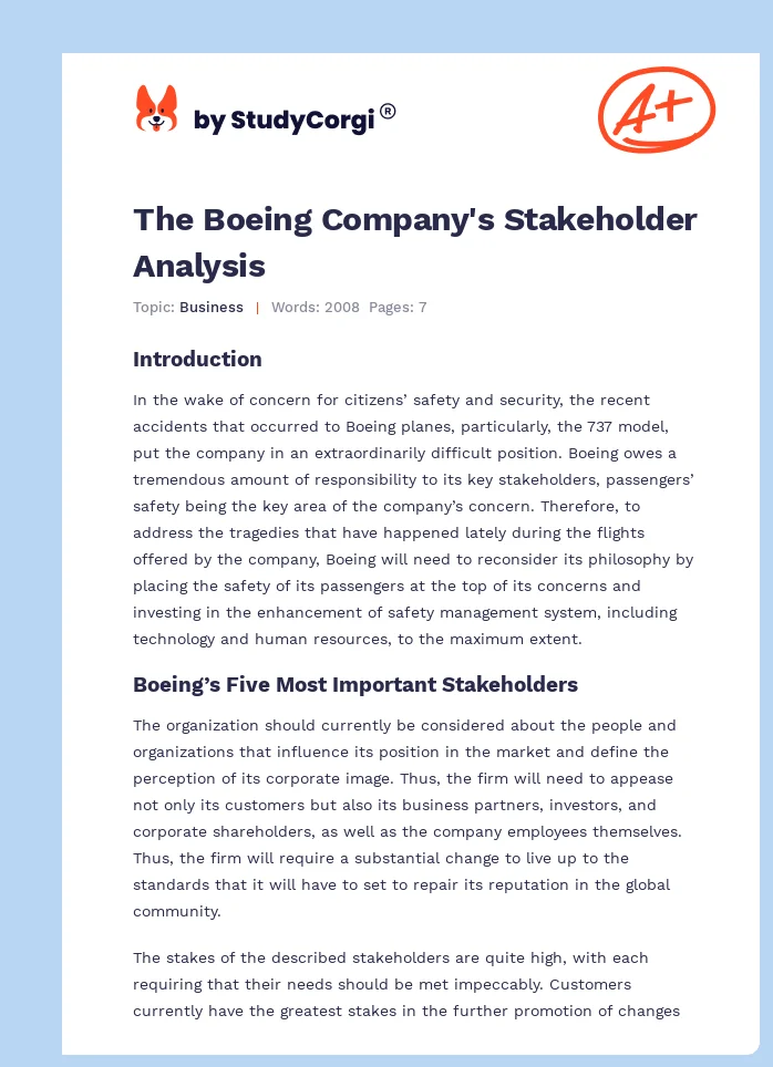 The Boeing Company's Stakeholder Analysis. Page 1