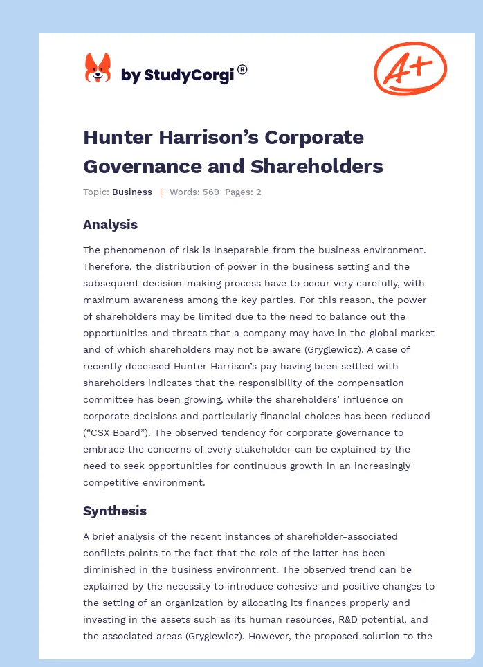 Hunter Harrison’s Corporate Governance and Shareholders. Page 1