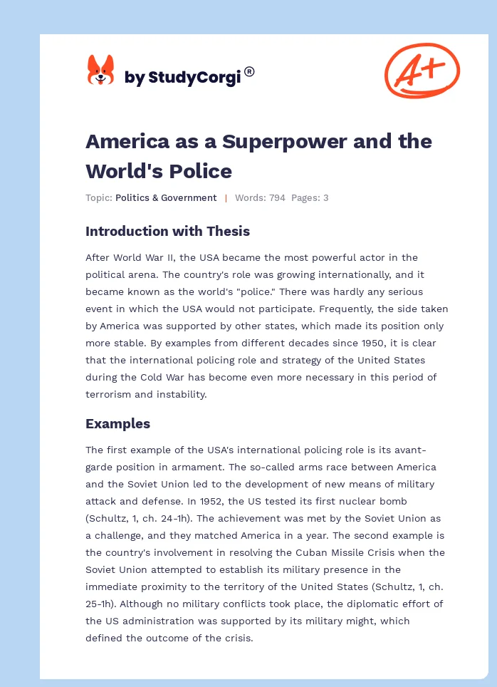 America as a Superpower and the World's Police. Page 1