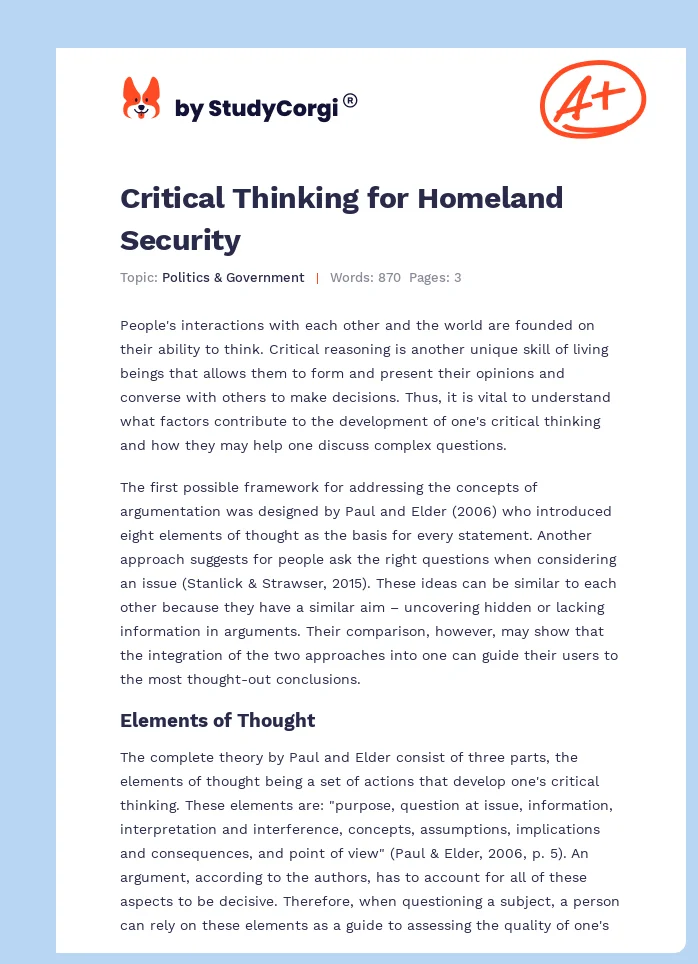Critical Thinking for Homeland Security. Page 1